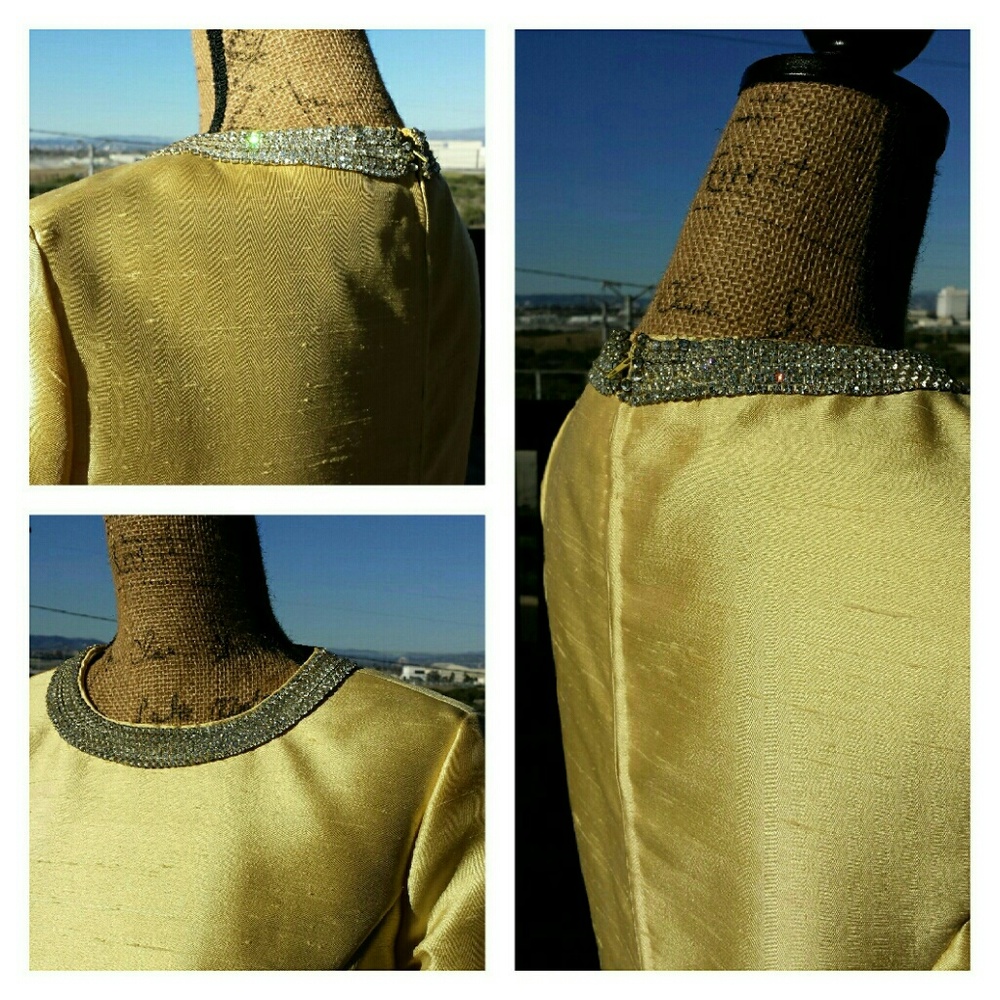 Vintage 50's yellow dress cap sleeve rhinestone collar lined sz. 8/10 - Picture 2 of 10